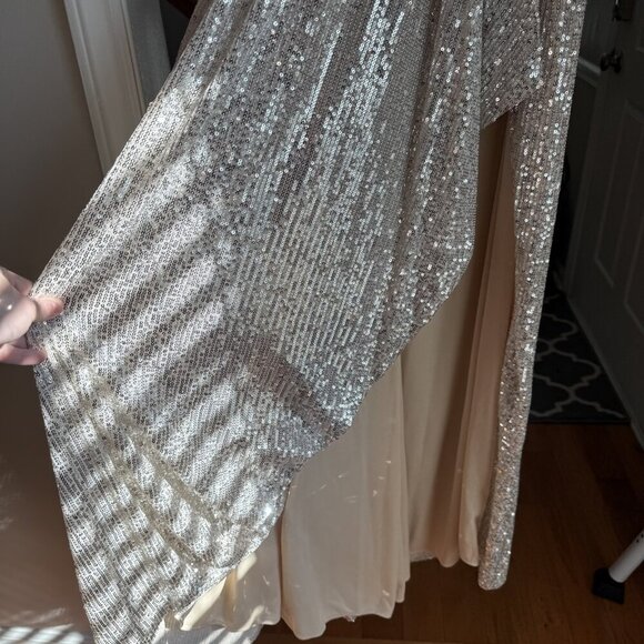 NWT Ieena for Mac Duggal Dress Silver One Shoulder Sequin Gown Slit Formal - Picture 6 of 13